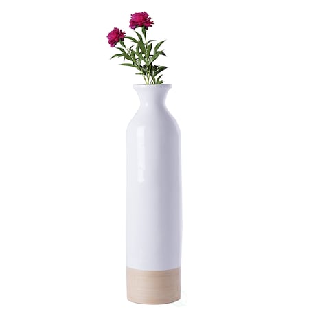 Uniquewise Cylinder Shaped Tall Spun Bamboo Floor Vase Glossy White Lacquer and Natural Bamboo Finish, Small QI003455WN.S